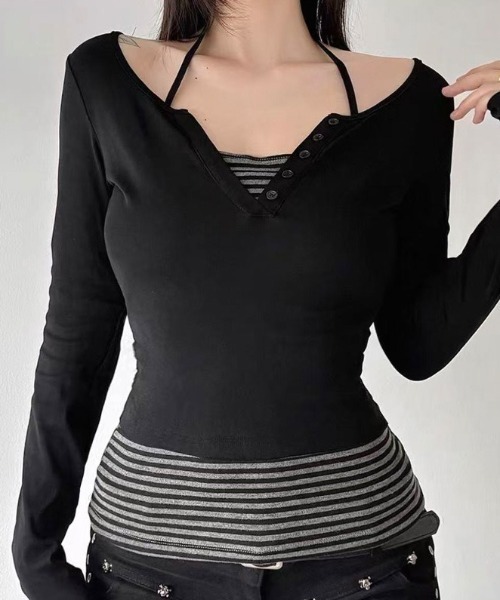 lilful(リルフル)の「【26年春夏新作】ボーダー柄 フェイクレイヤード ヘンリーネックロンT(Tシャツ/カットソー・レディース・ブラック・S/M)」の21枚目の写真