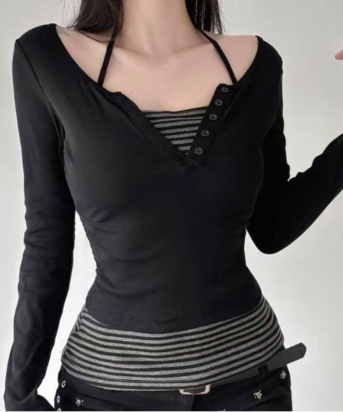 lilful(リルフル)の「【26年春夏新作】ボーダー柄 フェイクレイヤード ヘンリーネックロンT(Tシャツ/カットソー・レディース・ブラック・S/M)」の20枚目の写真