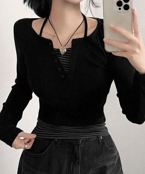 lilful(リルフル)の「【26年春夏新作】ボーダー柄 フェイクレイヤード ヘンリーネックロンT(Tシャツ/カットソー・レディース・ブラック・S/M)」の22枚目の写真