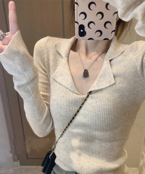 NoBelle(ノベル)の「リブカラーニットセーター ポロ襟付き(ニット/セーター・レディース・グレー/ブラック/ホワイト・S/M)」の3枚目の写真