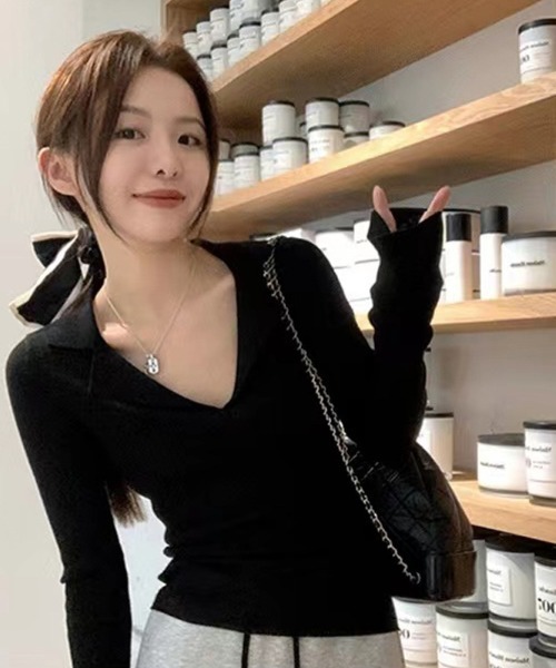 NoBelle(ノベル)の「リブカラーニットセーター ポロ襟付き(ニット/セーター・レディース・グレー/ブラック/ホワイト・S/M)」の1枚目の写真
