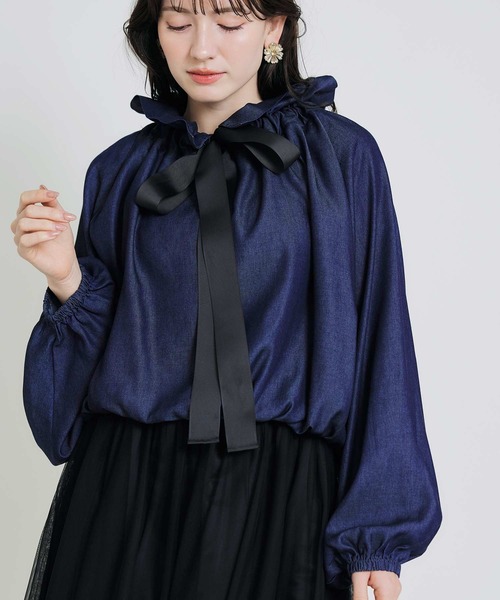 PICCIN(ピッチン)の「ビッグカラーグログランリボンブラウス(シャツ/ブラウス・レディース・ホワイト系その他/ネイビー/アイボリー・M)」の3枚目の写真