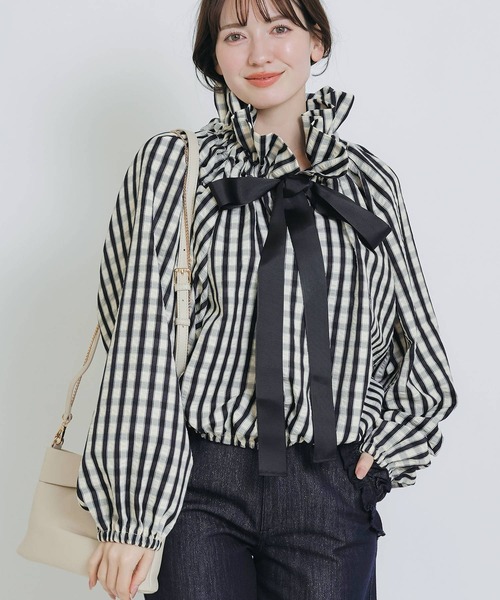 PICCIN(ピッチン)の「ビッグカラーグログランリボンブラウス(シャツ/ブラウス・レディース・ホワイト系その他/ネイビー/アイボリー・M)」の1枚目の写真