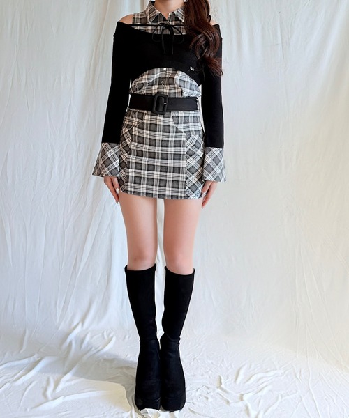 セットアップ対応】チェックシャツレイヤードニット（ニット/セーター