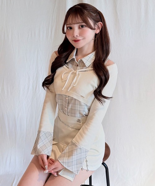 セール】【セットアップ対応】チェックシャツレイヤードニット（ニット