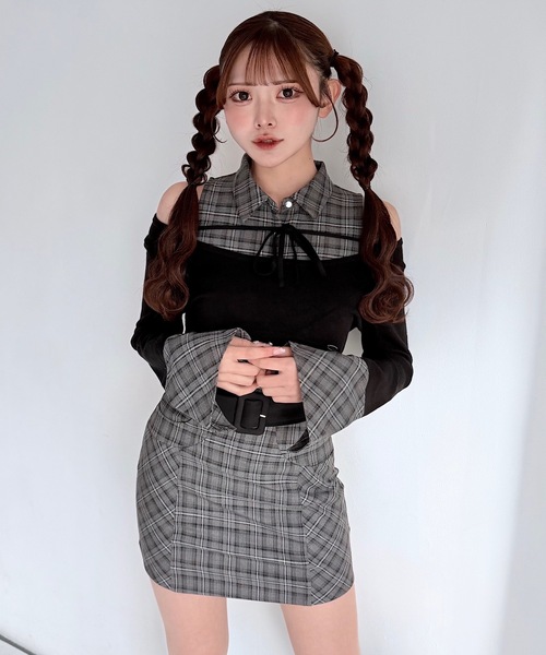 セットアップ対応】チェックシャツレイヤードニット（ニット/セーター