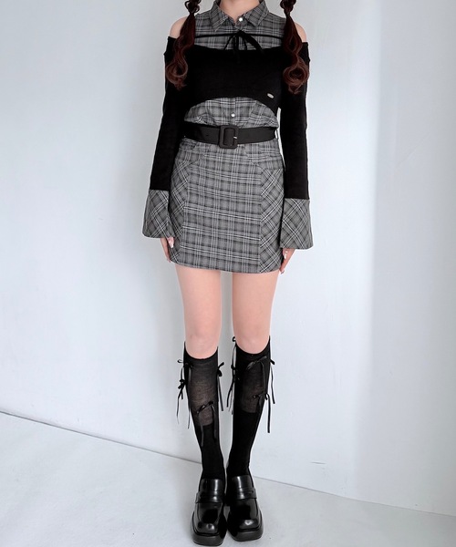 セットアップ対応】チェックシャツレイヤードニット（ニット/セーター