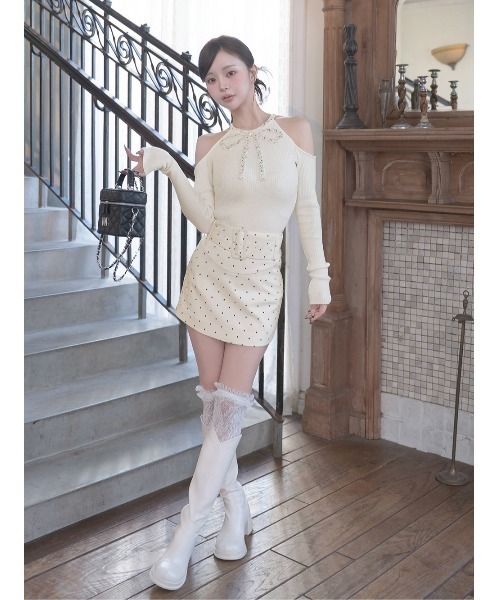 ダーリッチ Darich リボンビジューアメスリニットトップス　白　IVO リボンビジューアメスリニットトップス（ニット/セーター）｜Darich