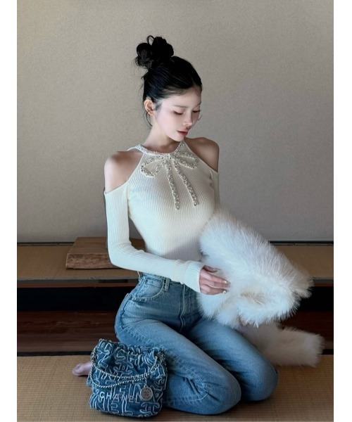 リボンビジューアメスリニットトップス（ニット/セーター）｜Darich