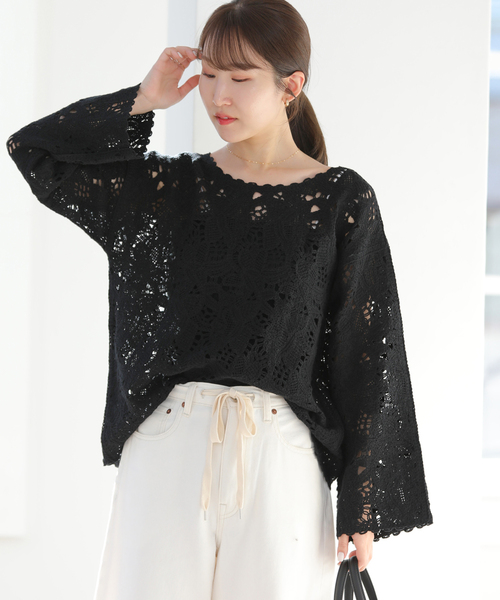 JOURNAL STANDARD relume（ジャーナルスタンダード　レリューム）の「［26SS新作］エンブロイダリークロシェレースプルオーバー（ニット/セーター・レディース・ブラック/ホワイト・FREE）」の5枚目の写真