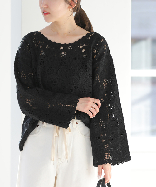 JOURNAL STANDARD relume（ジャーナルスタンダード　レリューム）の「［26SS新作］エンブロイダリークロシェレースプルオーバー（ニット/セーター・レディース・ブラック/ホワイト・FREE）」の6枚目の写真