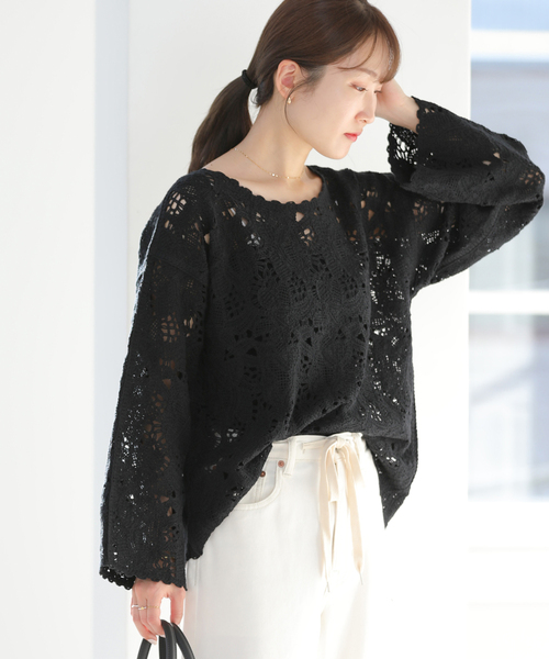 JOURNAL STANDARD relume（ジャーナルスタンダード　レリューム）の「［26SS新作］エンブロイダリークロシェレースプルオーバー（ニット/セーター・レディース・ブラック/ホワイト・FREE）」の7枚目の写真