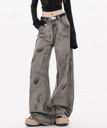 Dalfwin（ダールフィン）の「韓国ファッション ダメージペイントワイドストレートデニムパンツ（デニムパンツ）」