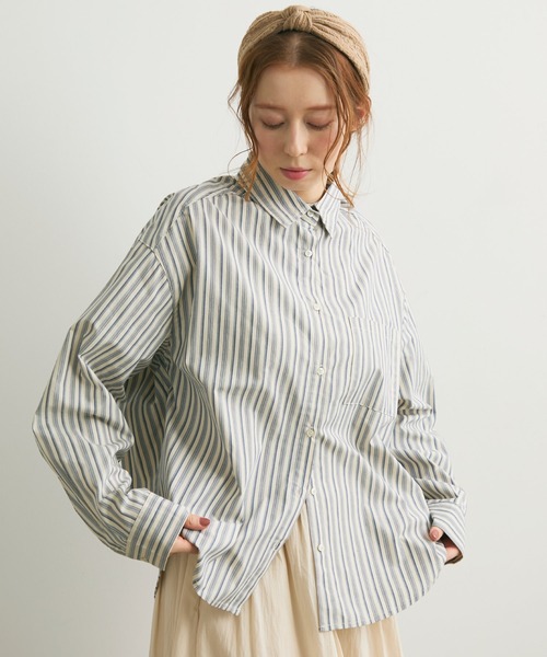 Crisp（クリスプ）の「マルチストライプオーバーシャツ（シャツ/ブラウス・レディース・ブルー/ブラウン・FREE）」の2枚目の写真