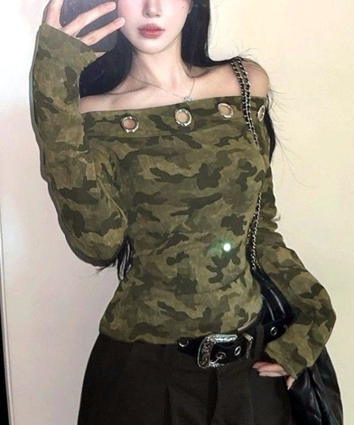 SHEENA(シーナ)の「カモフラ柄アイレットオフショルダートップス(Tシャツ/カットソー・レディース・カーキ・M)」の9枚目の写真