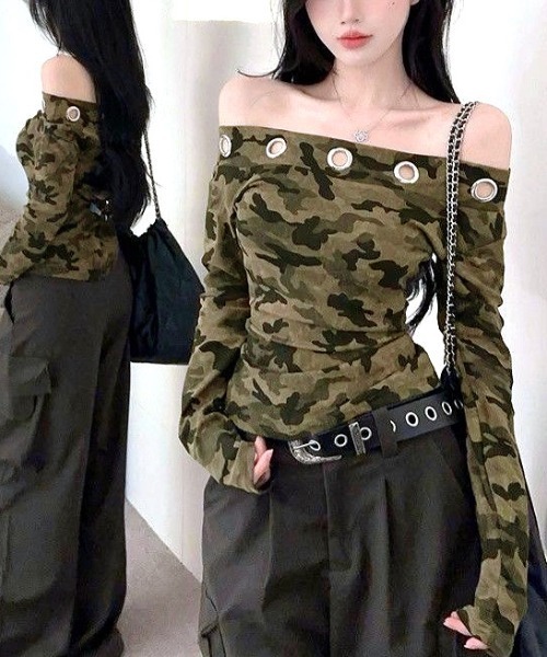 SHEENA(シーナ)の「カモフラ柄アイレットオフショルダートップス(Tシャツ/カットソー・レディース・カーキ・M)」の11枚目の写真