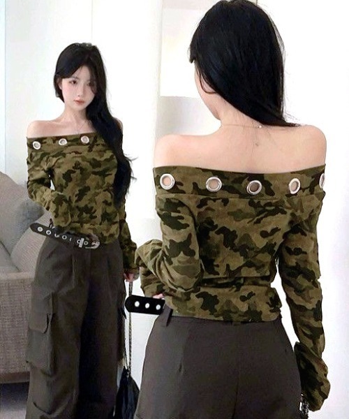 SHEENA(シーナ)の「カモフラ柄アイレットオフショルダートップス(Tシャツ/カットソー・レディース・カーキ・M)」の12枚目の写真