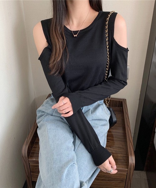 lulufa(ルルファ)の「肩開きデザイン オープンショルダー リブニットプルオーバー(ニット/セーター・レディース・ブルー/ターコイズブルー/ホワイト/ブラック・FREE)」の13枚目の写真