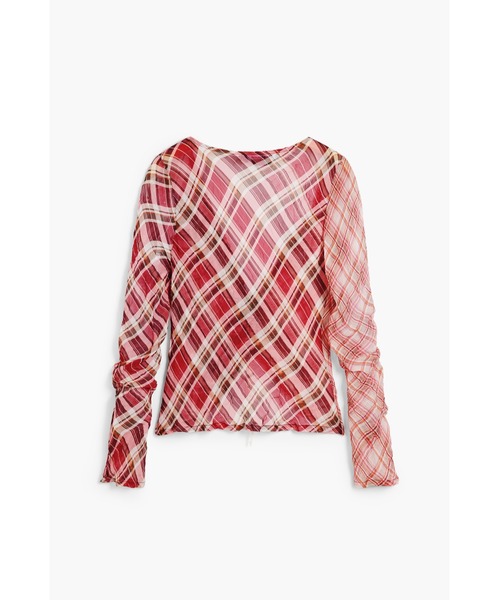 Desigual（デシグアル）の「ピンクマルチトーンチェック×フロントドローストリングギャザー長袖Vネックトップス（Tシャツ/カットソー・レディース・レッド・XL/L/M/S/XS）」の2枚目の写真