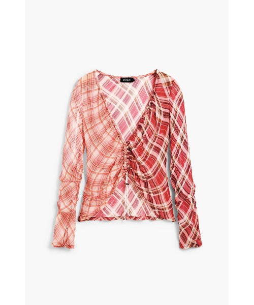 Desigual（デシグアル）の「ピンクマルチトーンチェック×フロントドローストリングギャザー長袖Vネックトップス（Tシャツ/カットソー・レディース・レッド・XL/L/M/S/XS）」の15枚目の写真
