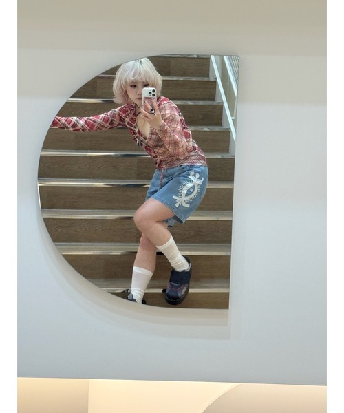 Desigual（デシグアル）の「ピンクマルチトーンチェック×フロントドローストリングギャザー長袖Vネックトップス（Tシャツ/カットソー・レディース・レッド・XL/L/M/S/XS）」の10枚目の写真