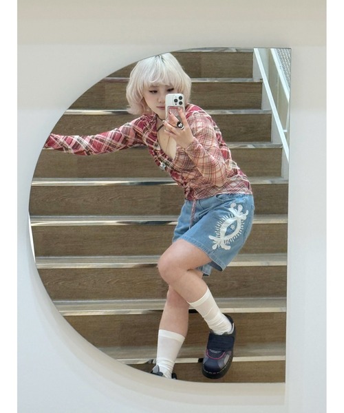 Desigual（デシグアル）の「ピンクマルチトーンチェック×フロントドローストリングギャザー長袖Vネックトップス（Tシャツ/カットソー・レディース・レッド・XL/L/M/S/XS）」の9枚目の写真