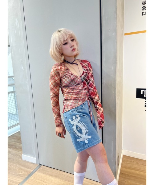Desigual（デシグアル）の「ピンクマルチトーンチェック×フロントドローストリングギャザー長袖Vネックトップス（Tシャツ/カットソー・レディース・レッド・XL/L/M/S/XS）」の14枚目の写真