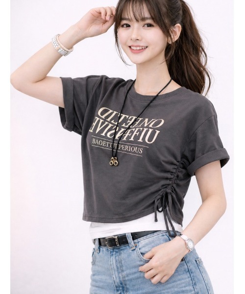 LAUTRE COTE(ロウトレコウト)の「脇スピンドルTEE(Tシャツ/カットソー・レディース・チャコールグレー/カーキ/ホワイト・MEDIUM/LARGE)」の1枚目の写真