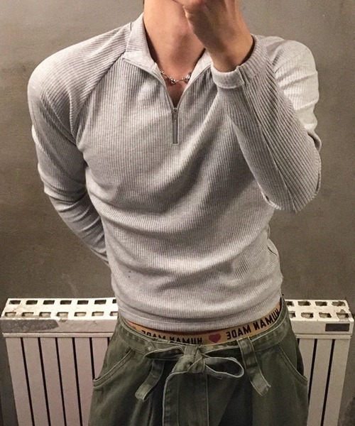 NOWLE(ノウル)の「【NOWLE】タイトフィット ハーフジップ ラグラン リブ ロンT(Tシャツ/カットソー・メンズ・グレー/ブラック・X-LARGE/LARGE/MEDIUM)」の9枚目の写真