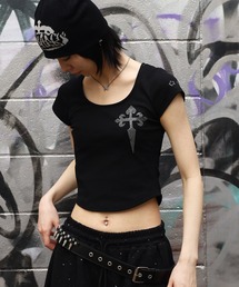 《2サイズ展開 / LADIES 》クロスラインストーン ショート丈Tシャツ