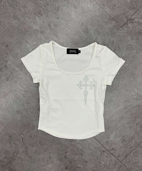 ATMARK(アットマーク)の「《2サイズ展開 / LADIES 》クロスラインストーン ショート丈Tシャツ(Tシャツ/カットソー・レディース・ホワイト/ブラック・L/M)」の6枚目の写真