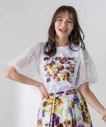 Viaggio Blu（ビアッジョブルー）の「【KEITA KAWASAKI × Viaggio Bluコラボ】袖チュールプリントTシャツ（Tシャツ/カットソー）」