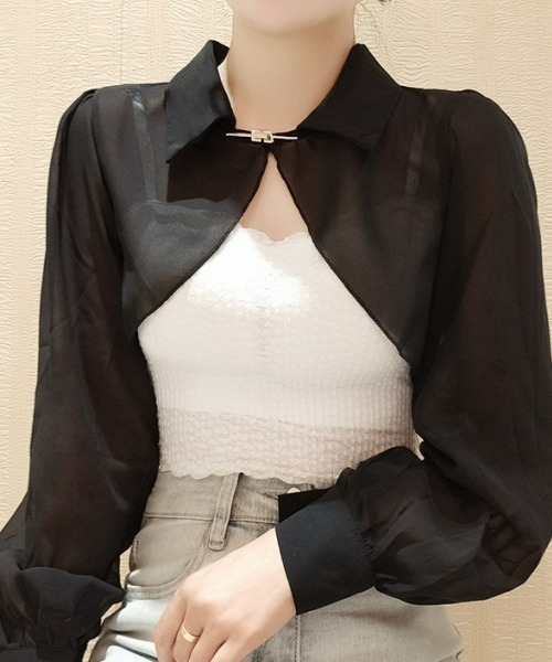 gossip!ロサンゼルス(ゴシップロサンゼルス)の「【Y2Kガーリー】ヴィンテージライク シアーシフォン ショート丈ブラウス レイヤード 長袖 シースルー シャツ(シャツ/ブラウス・レディース・ブラック・M)」の6枚目の写真
