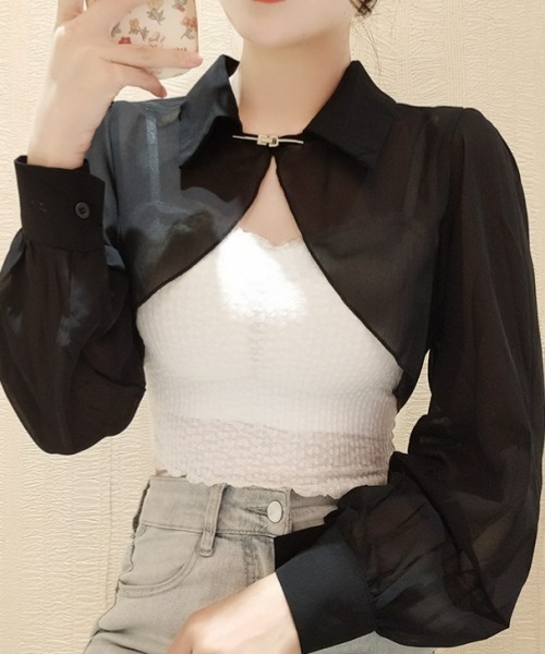 gossip!ロサンゼルス(ゴシップロサンゼルス)の「【Y2Kガーリー】ヴィンテージライク シアーシフォン ショート丈ブラウス レイヤード 長袖 シースルー シャツ(シャツ/ブラウス・レディース・ブラック・M)」の8枚目の写真