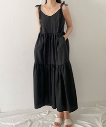 肩リボンが可愛い♪ティアードキャミソールロングワンピース