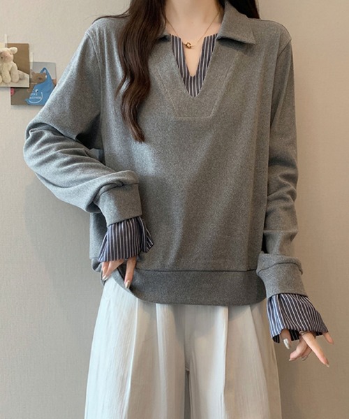 2ly2(トゥーリートゥー)の「レイヤード風 ストライプシャツドッキング スキッパートップス / きれいめ カットソー(その他トップス・レディース・アイボリー/グレー/ネイビー/ブラック・FREE)」の7枚目の写真