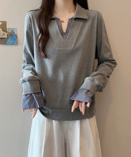 2ly2(トゥーリートゥー)の「レイヤード風 ストライプシャツドッキング スキッパートップス / きれいめ カットソー(その他トップス・レディース・アイボリー/グレー/ネイビー/ブラック・FREE)」の15枚目の写真