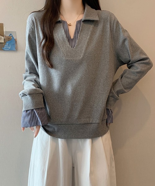 2ly2(トゥーリートゥー)の「レイヤード風 ストライプシャツドッキング スキッパートップス / きれいめ カットソー(その他トップス・レディース・アイボリー/グレー/ネイビー/ブラック・FREE)」の5枚目の写真