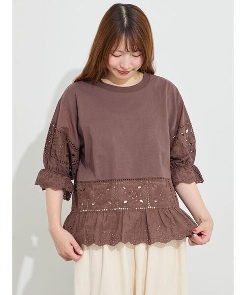 Samansa Mos2（サマンサ モスモス）の「【汗染み防止】レース切替トップス（Tシャツ/カットソー・レディース・ブラウン/ブラック/レッド/オフホワイト・F）」の4枚目の写真