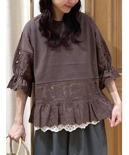 Samansa Mos2（サマンサ モスモス）の「【汗染み防止】レース切替トップス（Tシャツ/カットソー・レディース・ブラウン/ブラック/レッド/オフホワイト・F）」の13枚目の写真