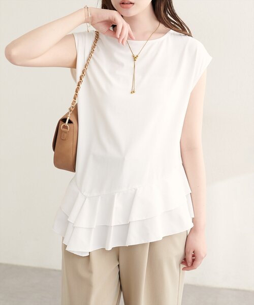 natural couture（ナチュラルクチュール）の「裾口ラッフル切替フレンチスリーブTOPS（Tシャツ/カットソー・レディース・サックスブルー/オフホワイト/ブラック・FREE）」の5枚目の写真