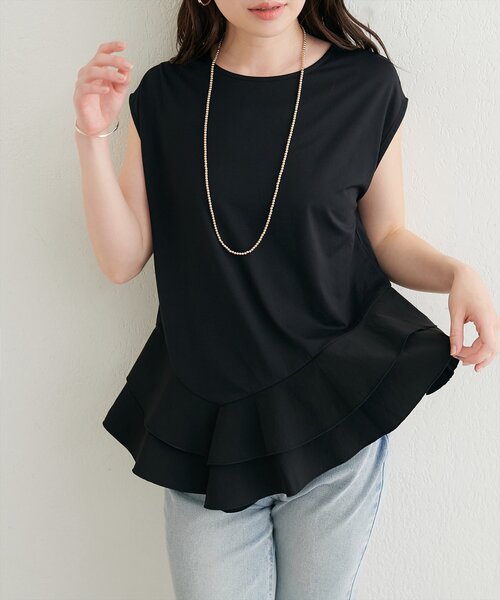 natural couture（ナチュラルクチュール）の「裾口ラッフル切替フレンチスリーブTOPS（Tシャツ/カットソー・レディース・サックスブルー/オフホワイト/ブラック・FREE）」の8枚目の写真
