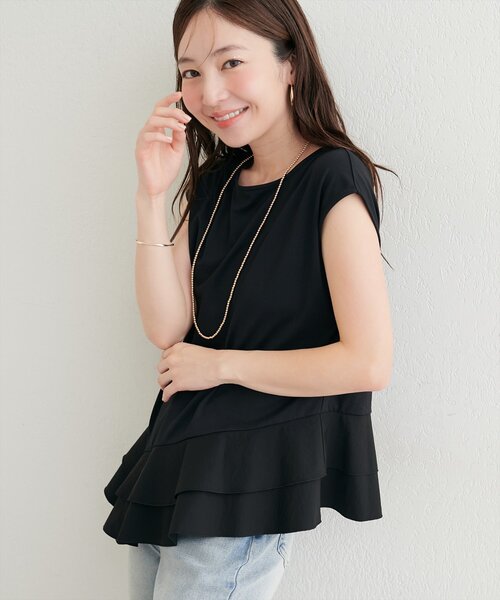 natural couture（ナチュラルクチュール）の「裾口ラッフル切替フレンチスリーブTOPS（Tシャツ/カットソー・レディース・サックスブルー/オフホワイト/ブラック・FREE）」の10枚目の写真