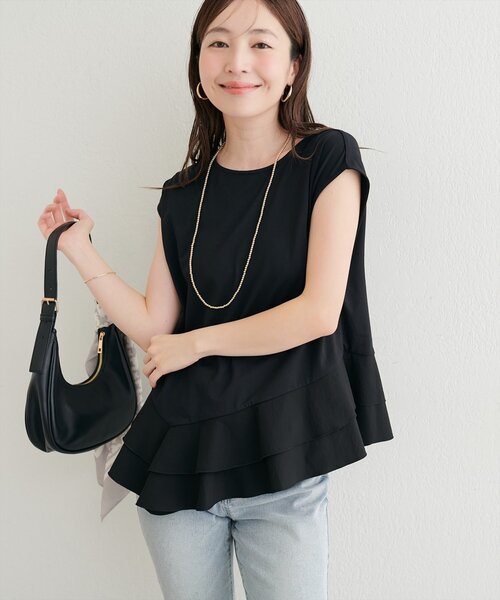 natural couture（ナチュラルクチュール）の「裾口ラッフル切替フレンチスリーブTOPS（Tシャツ/カットソー・レディース・サックスブルー/オフホワイト/ブラック・FREE）」の11枚目の写真