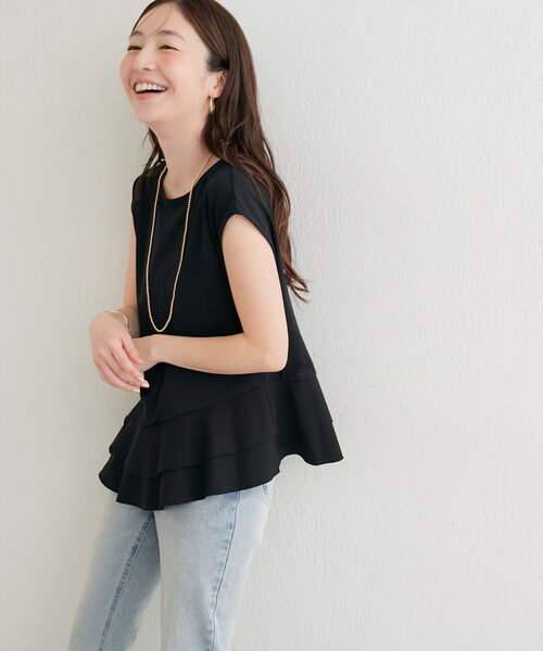 natural couture（ナチュラルクチュール）の「裾口ラッフル切替フレンチスリーブTOPS（Tシャツ/カットソー・レディース・サックスブルー/オフホワイト/ブラック・FREE）」の12枚目の写真