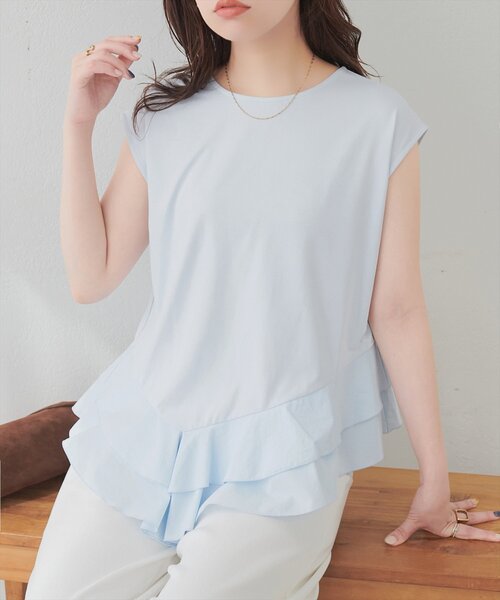 natural couture（ナチュラルクチュール）の「裾口ラッフル切替フレンチスリーブTOPS（Tシャツ/カットソー・レディース・サックスブルー/オフホワイト/ブラック・FREE）」の14枚目の写真