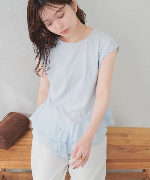 natural couture（ナチュラルクチュール）の「裾口ラッフル切替フレンチスリーブTOPS（Tシャツ/カットソー・レディース・サックスブルー/オフホワイト/ブラック・FREE）」の15枚目の写真