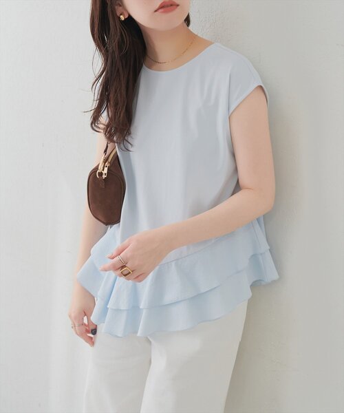 natural couture（ナチュラルクチュール）の「裾口ラッフル切替フレンチスリーブTOPS（Tシャツ/カットソー・レディース・サックスブルー/オフホワイト/ブラック・FREE）」の16枚目の写真