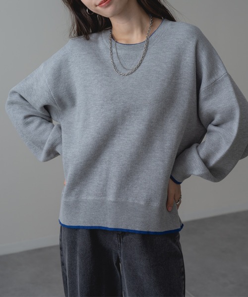 refinedworks(リファインドワークス)の「【refinedworks】配色ライン が目を惹く! スウェット ライク 配色 ライン ニット プルオーバー(ニット/セーター・レディース・レッド/グレー/ネイビー・FREE)」の1枚目の写真