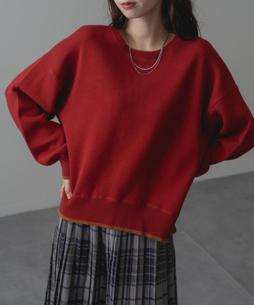 refinedworks(リファインドワークス)の「【refinedworks】配色ライン が目を惹く! スウェット ライク 配色 ライン ニット プルオーバー(ニット/セーター・レディース・レッド/グレー/ネイビー・FREE)」の3枚目の写真